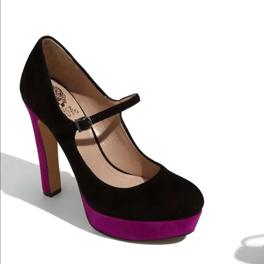 Vince Camuto Suede Mary Jane platform pumps with buckle strap.